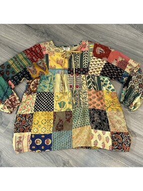 Gypsy Rose Blouse Womens One Size Multicolor Patchwork Cotton Tunic Top Boho